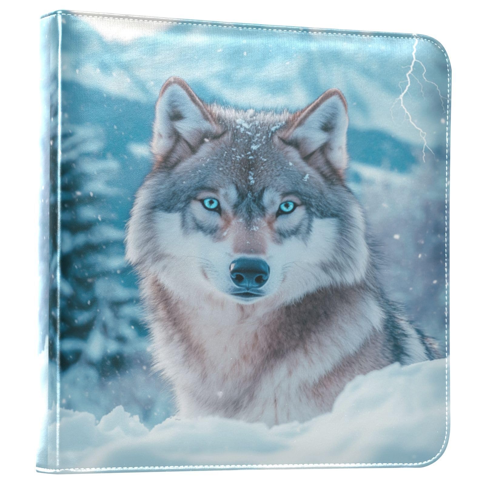 Snow Wolf Lightning Blue Leather Photo Album Self Adhesive Pages Scrapbook Album 3 Ring Binder Waterproof Photo Book for Girls Boys Pictures Wedding