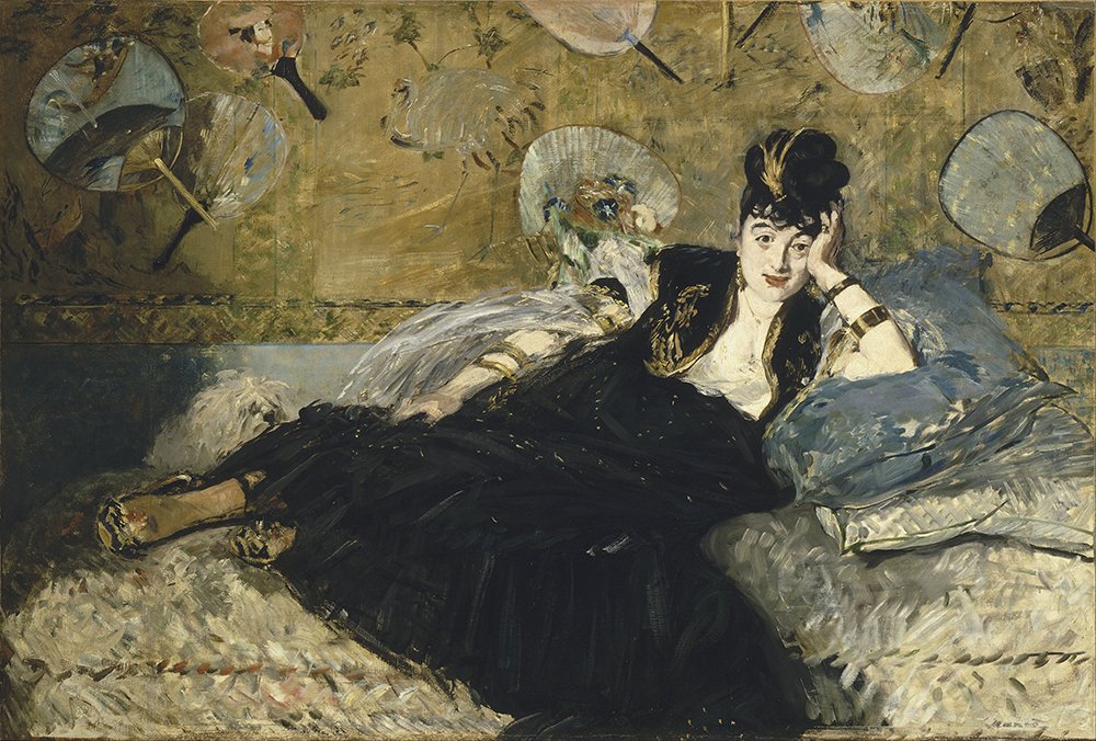 Cuadro Mujer con abanicos de Édouard Manet, lámina mate mediana con marco marrón