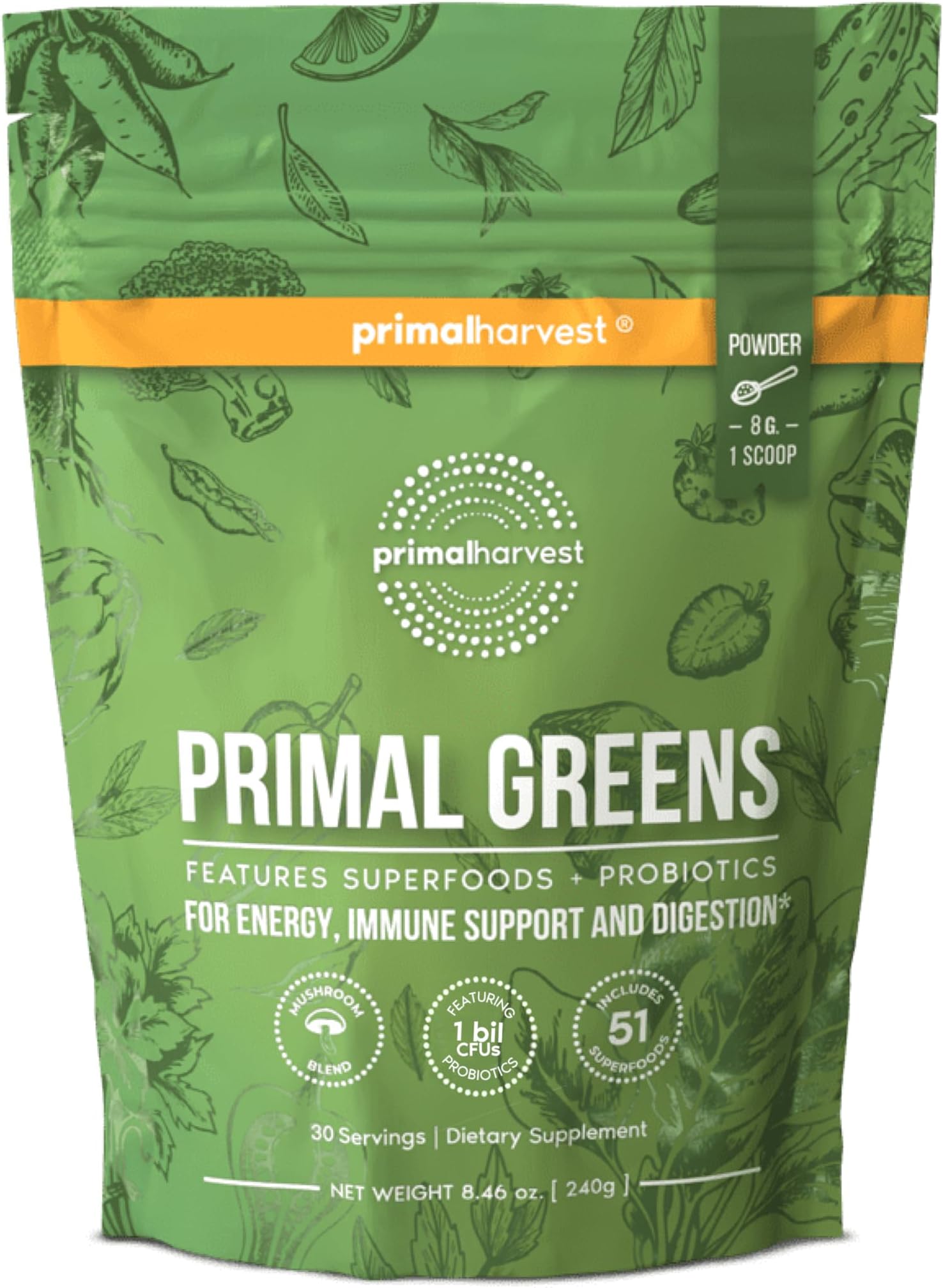 - Super Greens Powder, 30 Servings w/+50 Greens Superfood Chlorella, Probiotics, Green Tea, Wheatgrass, Kale, Turmeric for Energy,Primal Greens
