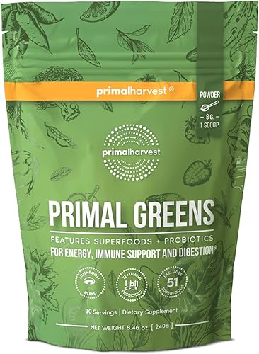 Super Greens Powder de Primal Harvest, 30 porciones con +50 Greens Superfood Clorella, probióticos, té verde, pasto de trigo, col rizada, cúrcuma,