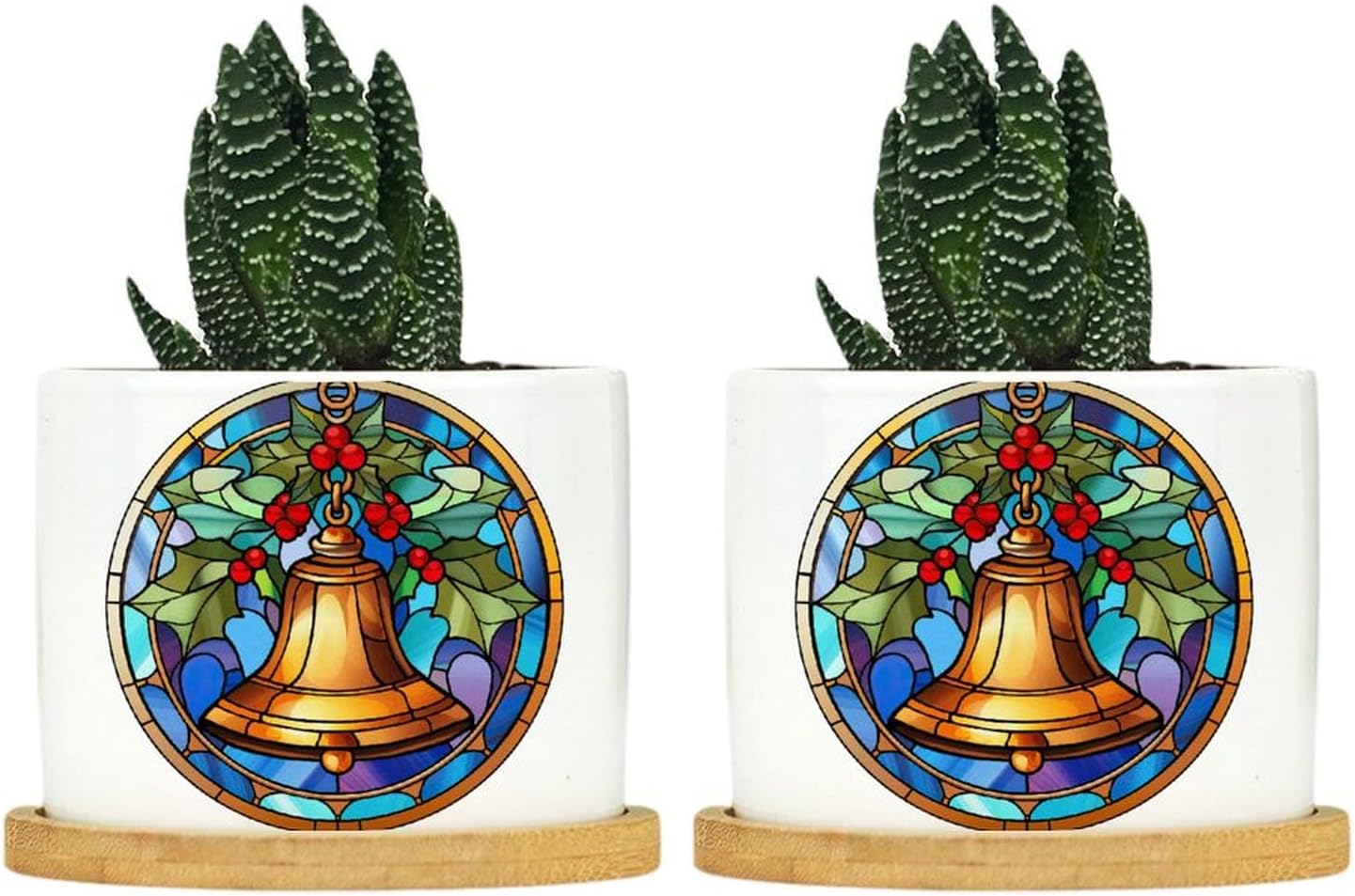 Set of 2 Plant Pots Christmas Bell Stained Glass Ceramic Flower Pots for Indoor Plants with Drainage Hole Christmas Party Grandma Gift Small Pots for Plants for Gardening Container