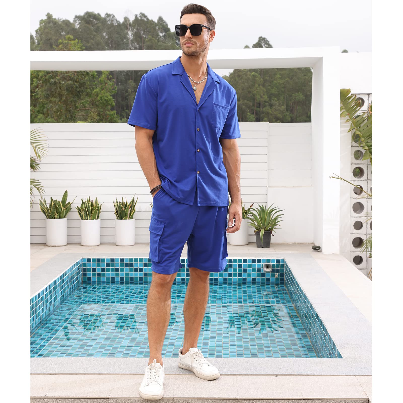 Fastkoala Uomo Tuta da Ginnastica Set Completi Abiti Estate Spiaggia Bottone Camicie e Pantaloncini 2 Pezzi