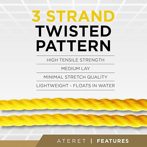 Miniatura 2 de ATERET Cuerda de polipropileno trenzada de 38 pulgadas x 600 pies de 3 hebras y color amarillo I Resistencia a la tracción de 2,430 libras I Cordón