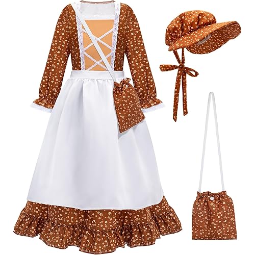 Meland Pioneer Dress for Girls - Colonial Floral Costume with Bonnet, Apron & Purse, Pionner Outfit for Girls 3-10 Years