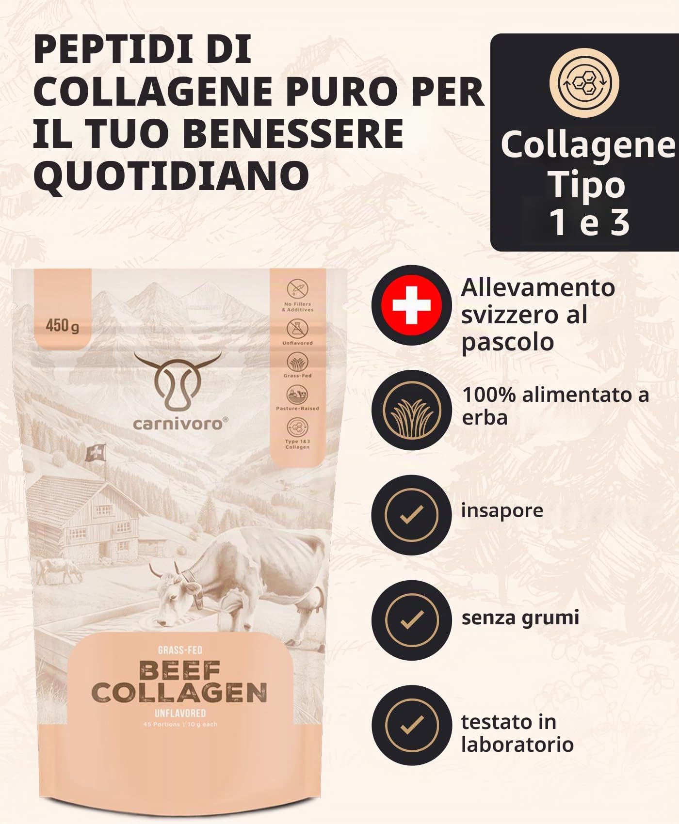 Carnivoro Polvere di collagene di manzo [450 g] – Idrolizzato di collagene premium dalla Svizzera – Peptidi tipo 1 e 3 – Ottima solubilità – insapore