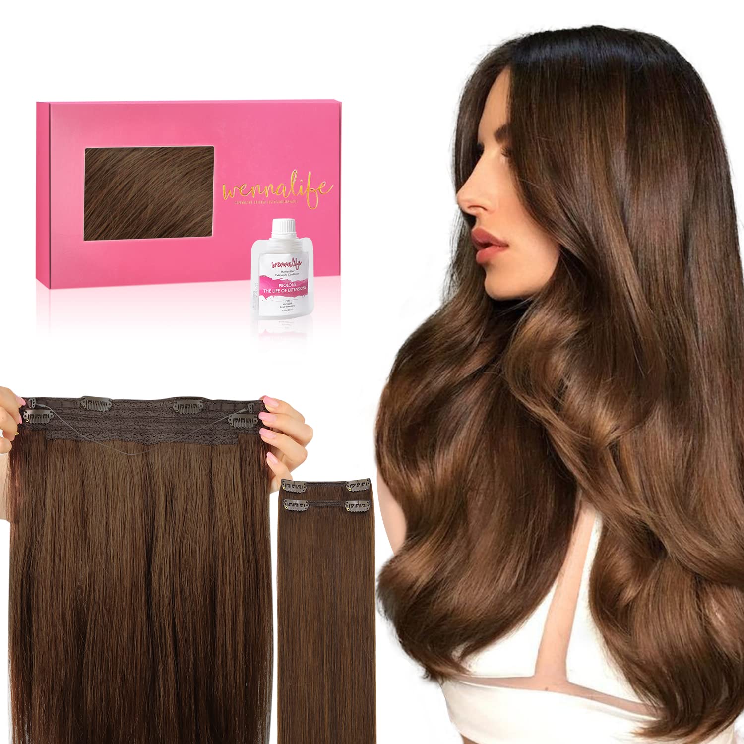 WENNALIFE Wire Hair Extensions (Increase 50% Lifespan) Real Human Hair 14 inch 105g Chocolate Brown Remy Real Hair Extensions Invisible Wire Hair Extensions Human Hair Natural Fish Line Straight Hair