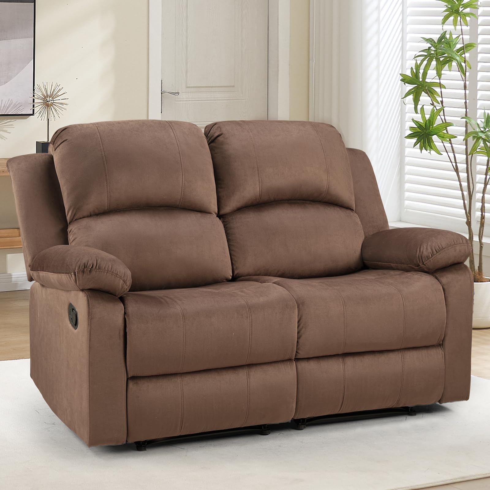 EBELLO Manual Loveseat Recliner Sofa, Soft Microfiber Reclining Couch with Overstuffed Arms and Back, Double Seat Recliner Couch for Living Room, Meeting Room, Brown view 7