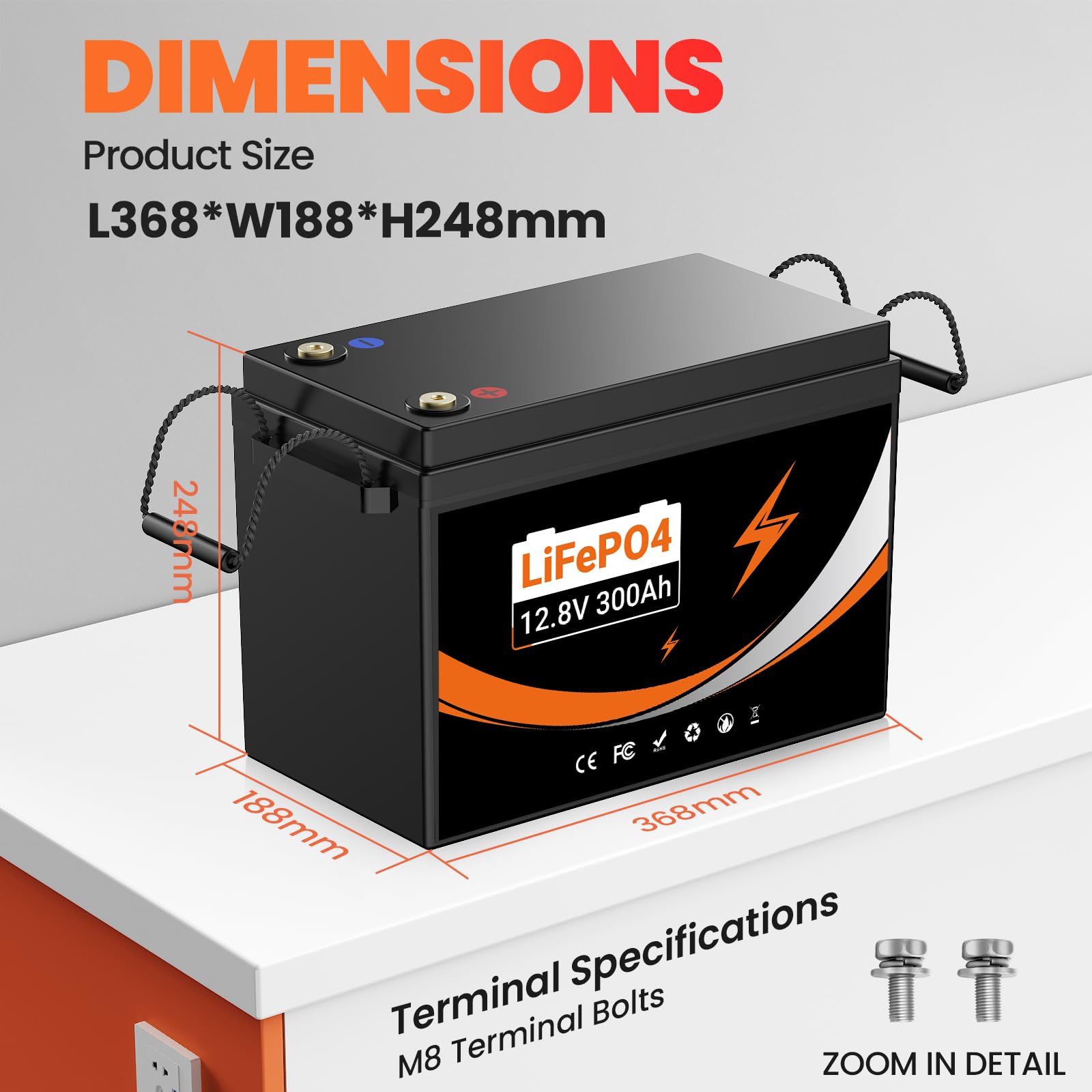 LiFePO4 300Ah 12V Batteria integrato da 200A BMS - batteria da15000 cicli, max.3840Wh di potenza di carica - per camperistiche solari marine di trasporto terrestre (12V 300Ah Lifepo4 Up to 2000W)
