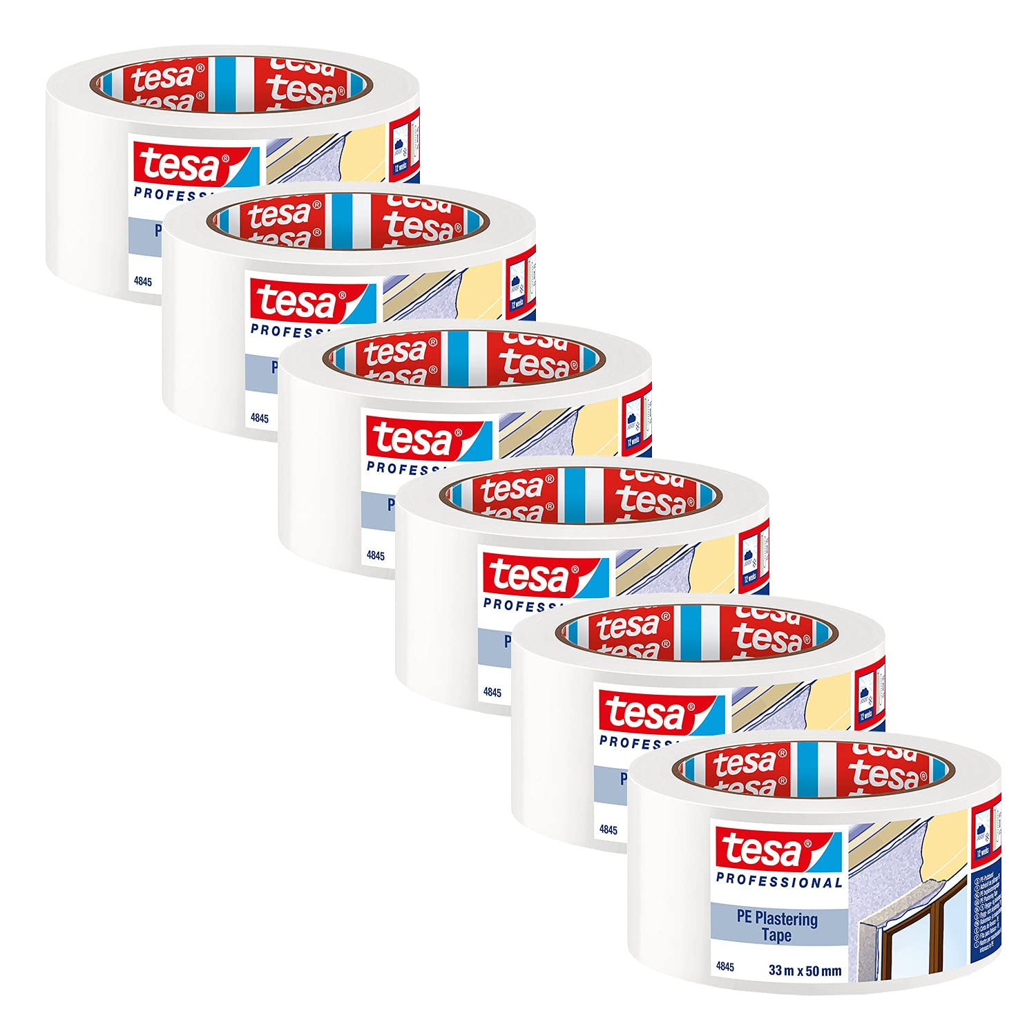 tesa Cinta de enyesado de PE 4845 para trabajos de yeso y pintura, para pegar y cubrir – color blanco – 33 m x 50 mm | 6 unidades