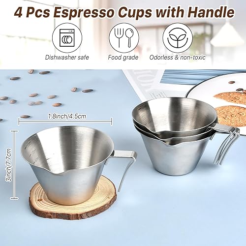 Miniatura 3 de Aemygo Paquete de 4 tazas de café expreso con asa, tazas medidoras de café expreso, aptas para lavavajillas, taza de vertido de acero inoxidable