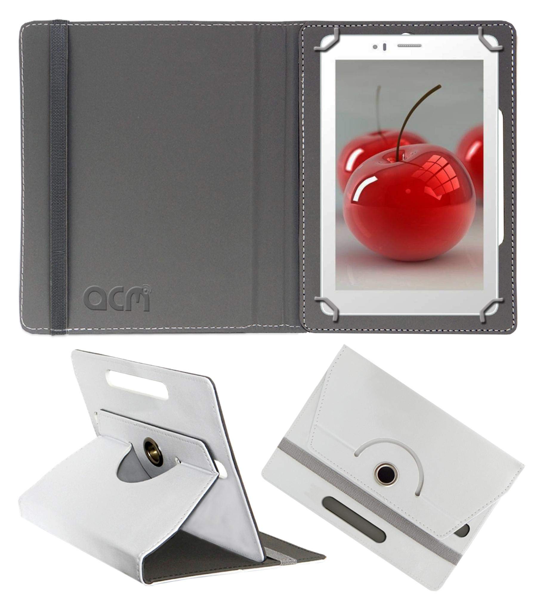Acm Rotating Leather Flip Case Compatible with Micromax Canvas Tabby Tablet Cover Stand White