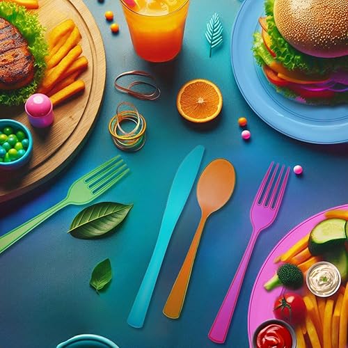 Miniatura 3 de Party Essentials Paquete combinado de cubiertos de plástico duro de alta resistencia, 144 piezas48 lugares, varios brillantes neón