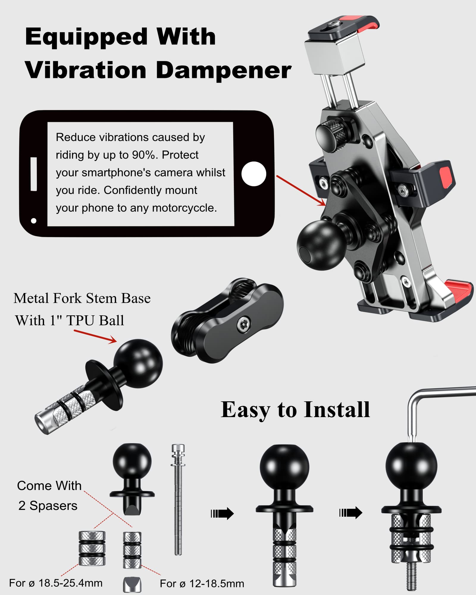 BRCOVAN Motorrad Gabelschaft Handyhalterung mit Vibrationsdämpfer | Aluminiumlegierung Diebstahlsichere Handy Motorradhalterung, 360° Drehbar, Verstellbar, für 4,7-7,2 Zoll Smartphone