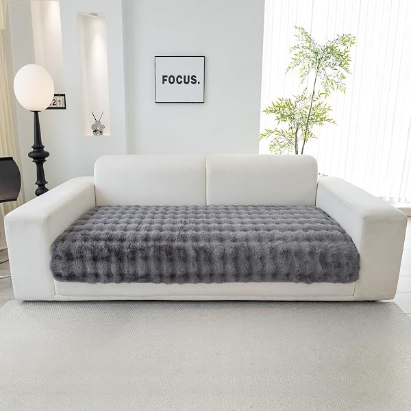 Topchances Soft Plush Sofa Cover - New Non-Slip Sofa Covers 1 2 3 Seater, Rabbit Faux Fur Couch Covers, Fluffy Couch Cover, Sofa Cover L Shape Furniture Protector for Living Room (Dark Grey, 90x210) - 5