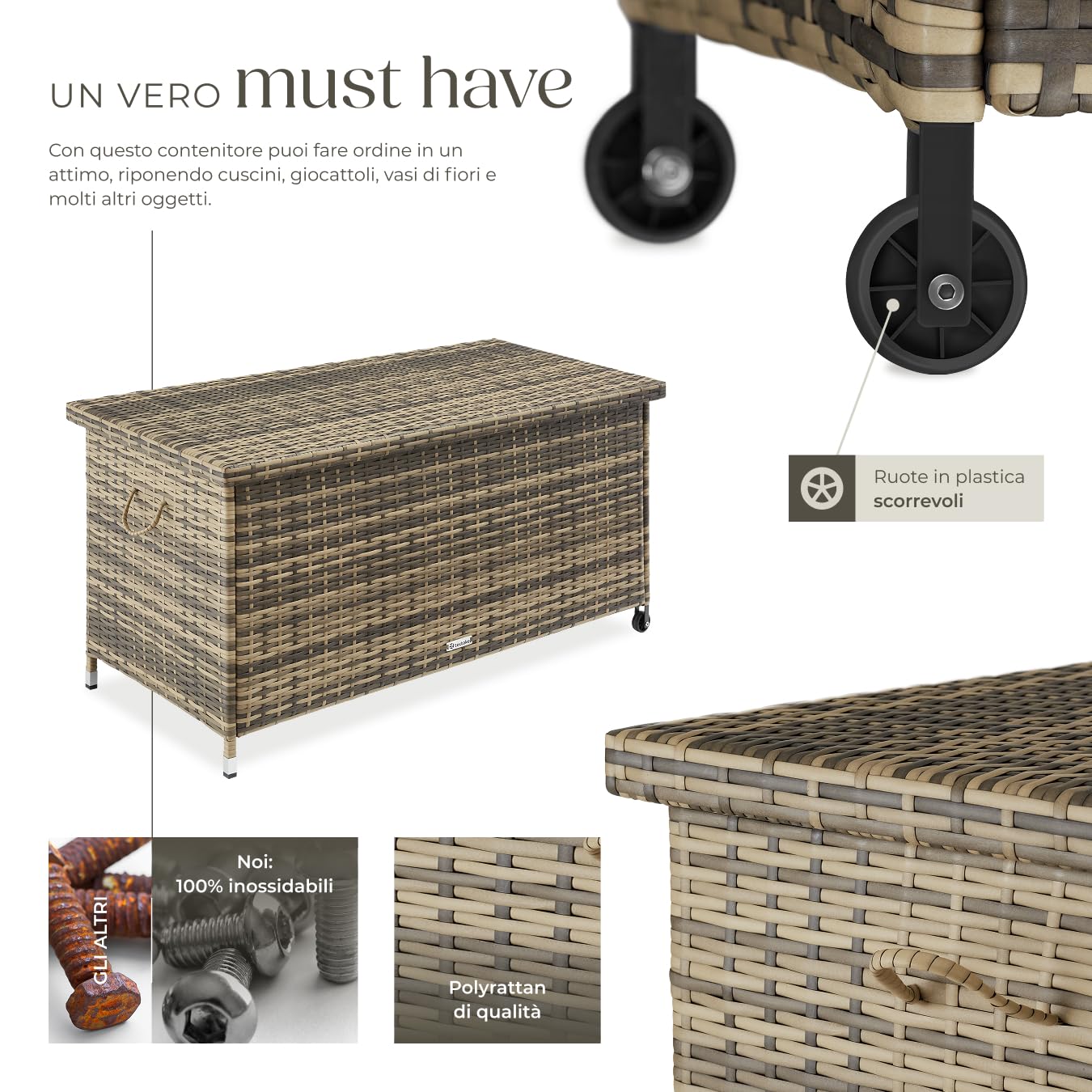 tectake Box Contenitore da Esterno Acciaio Polyrattan 120x55x61,5cm 270 L