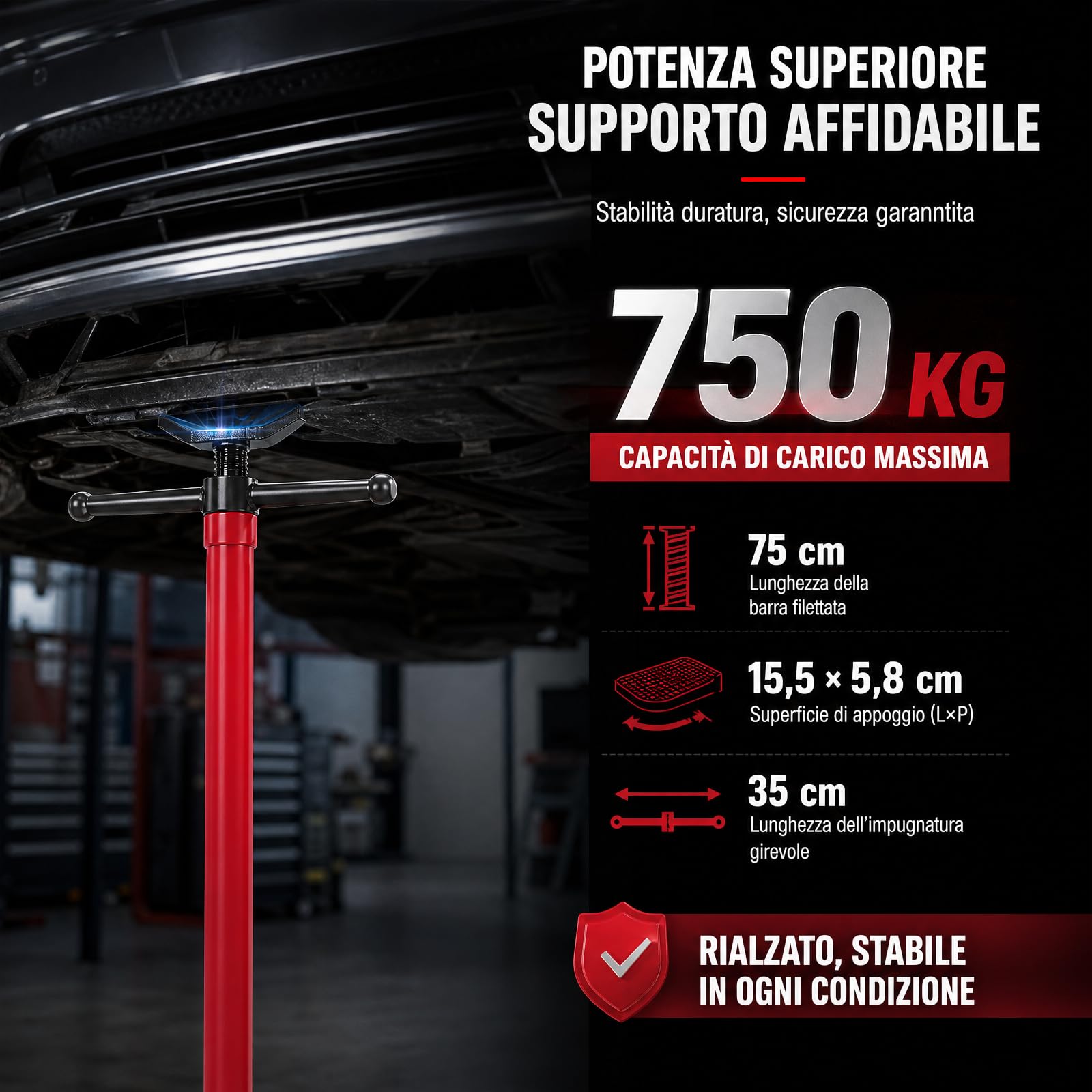 Unterhub Stützständer Getriebeheber 750kg Höhenverstellbar 133-200cm | 750kg Tragkraft, Fußpedal Steuerung, Stabile 30cm Rundbasis, Kreuzförmige Aufnahme