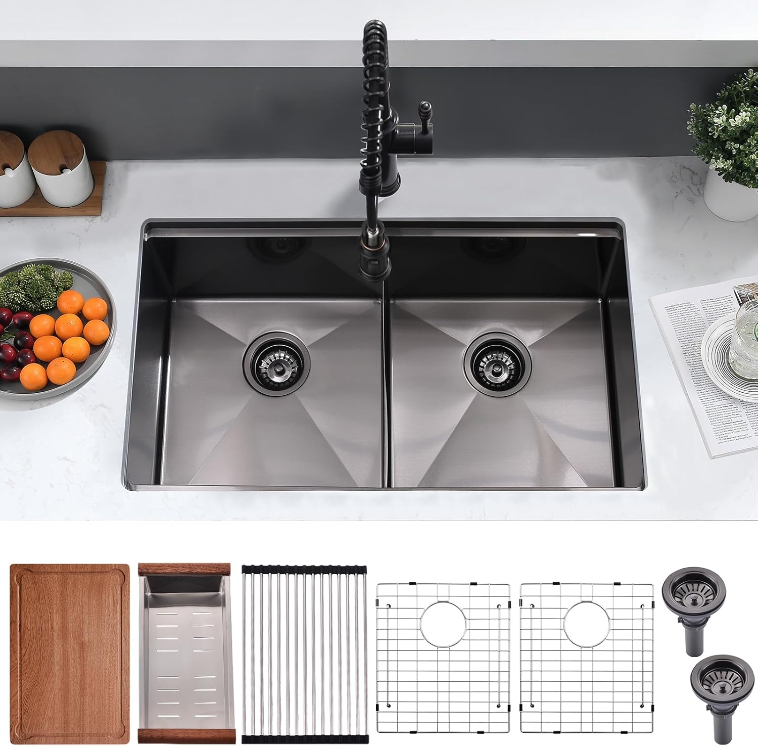 33 Inch Black Double Bowl Kitchen Sink Undermount- 16 Gauge Stainless Steel Undermount Workstation Kitchen Sink Double Bowl 50/50, 33x19 Inch