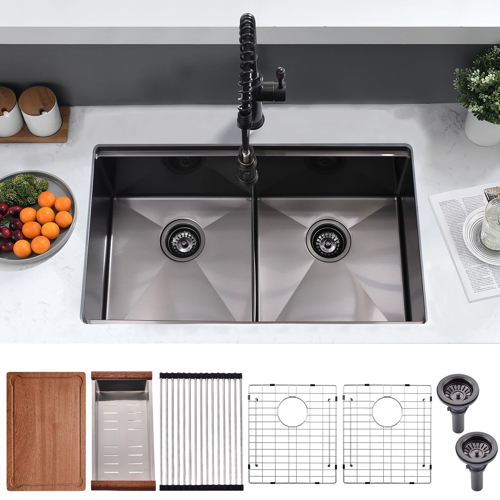 新品　シシクイ　Hole s Long / BLACK BWXIAOC 30 Inch Black Undermount Double Bowl Kitchen Sink - 16