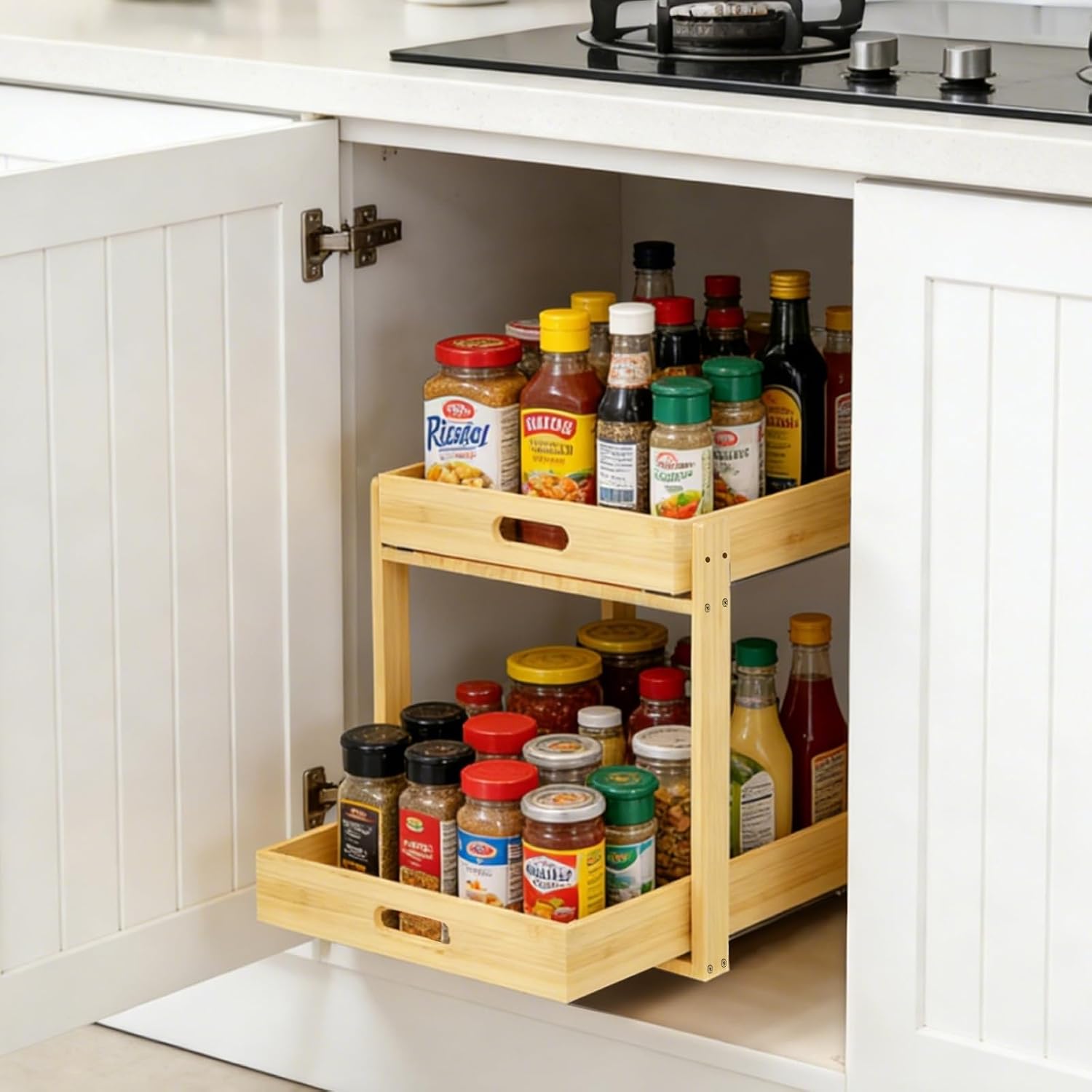 Bamboo Under Bathroom Sink Organizer - 2-Tier Pull Out Kitchen Undersink Organizer Storage Cabinet Shelf with Adjustable Levels, Under Sink Storage Slide Out for Pantry | bamboo material