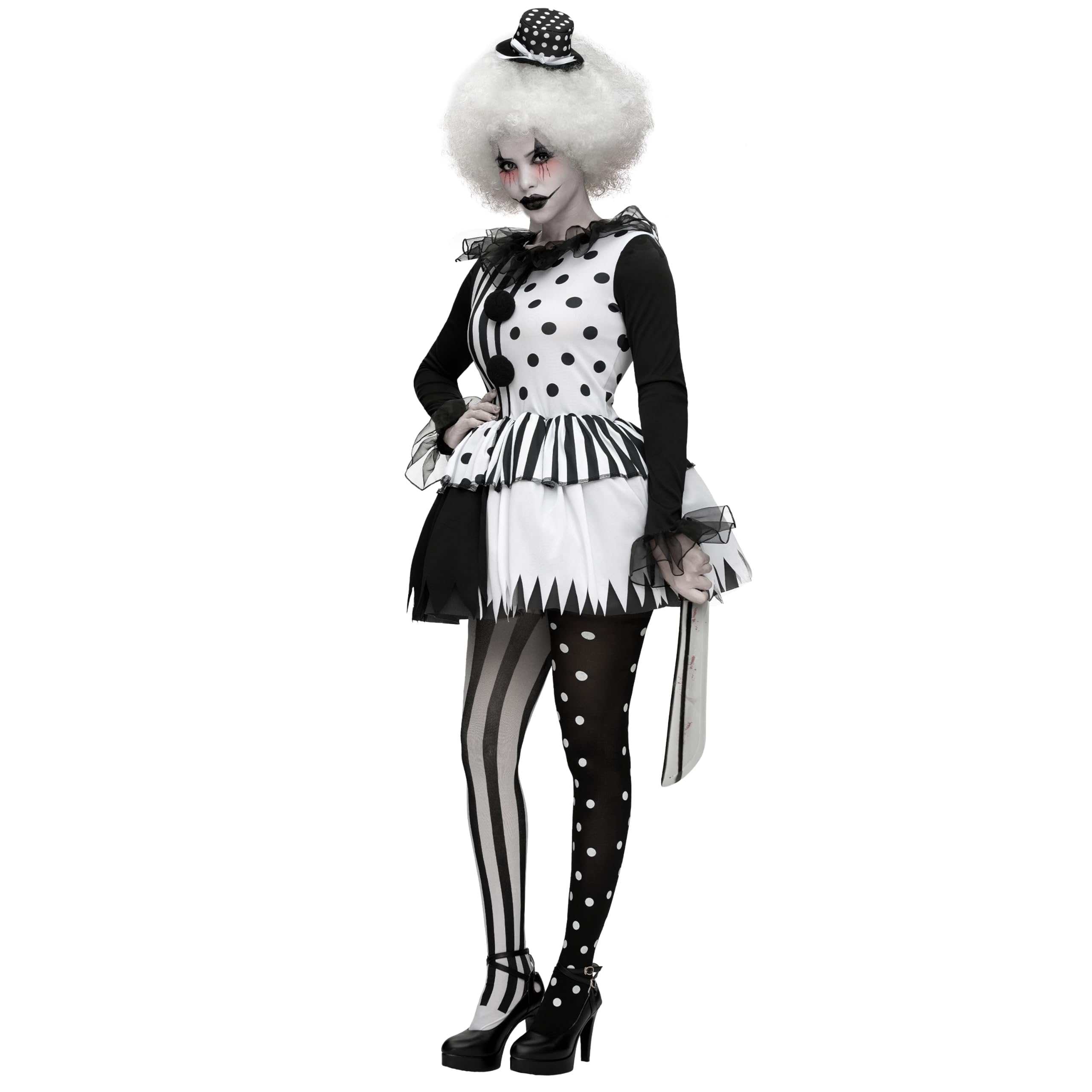 Spooktacular Creations Kostium klauna dla dorosłych kobiet, czarno-biały, na Halloween, kostium przerażający dla dorosłych, cosplay, rozmiar S