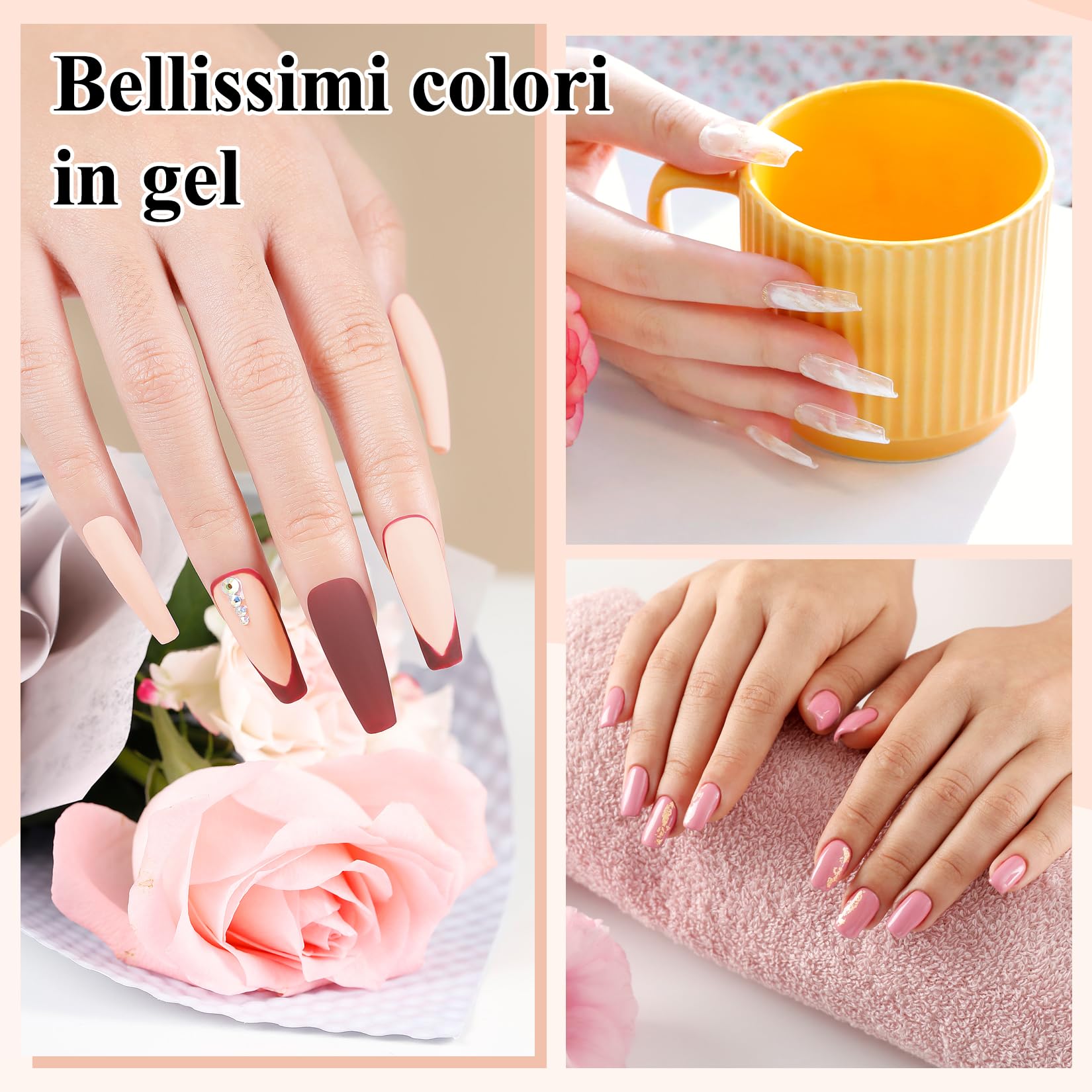 Kit Unghie Gel Completo, Phoenixy 8 Colori Rosa Gel Ricostruzione Unghie con Lampada per Unghie 36W U V/LED, Kit Ricostruzione Unghie Professionale con Base y Top Coat