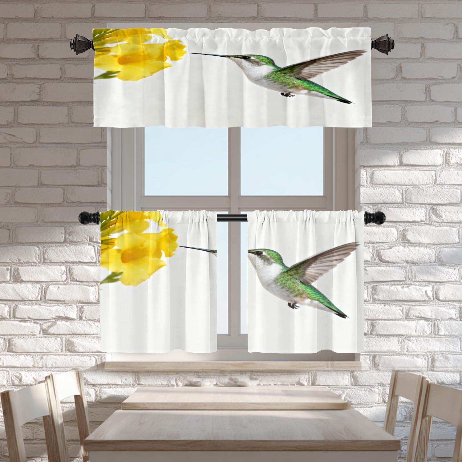 Batmerry Sunflower White Bird Kitchen Valances Half Window Curtain, Hummingbird Birds Sunflower Flowers Floral Garden Kitchen Valances for Windows Valance for Decor Reducing The Light 52x18 Inch