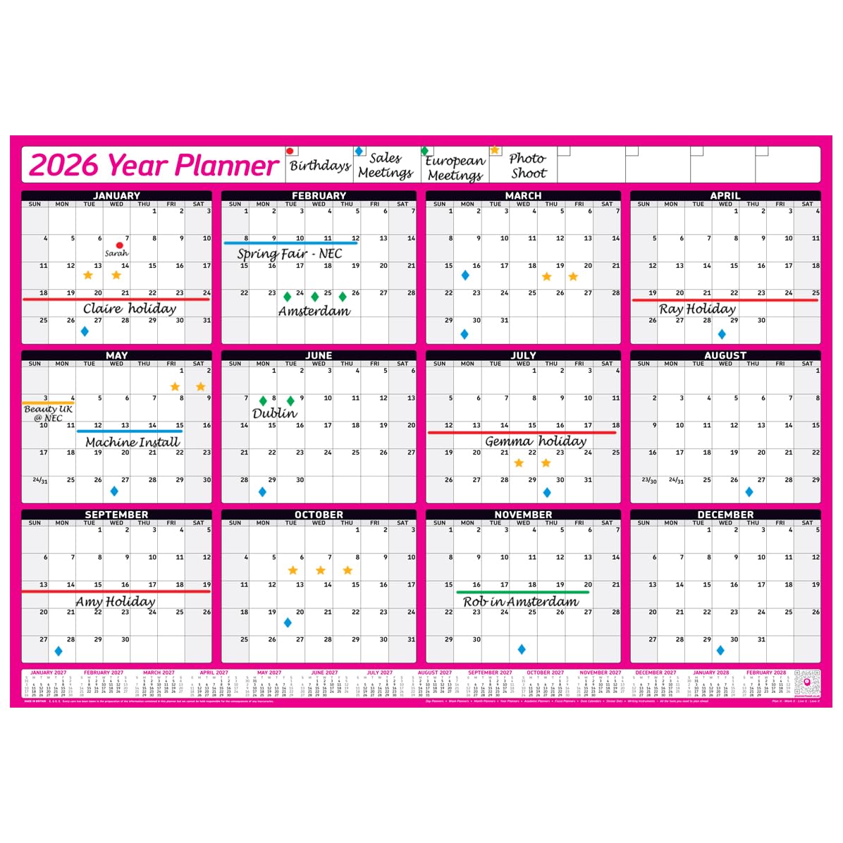 PlannerHead 2026 Grid Style Unmounted & Unlaminated Wall Planner Calendar Chart Poster 12 Months/Yearly Calendar 2026/2027 Footnote/Flexible for Any Country/Pink Gigantic (90x135cm)