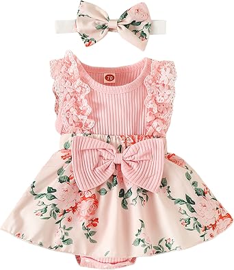 Mubineo Baby Girl Summer Clothes Outfits Sleeveless Lace Floral Romper Dress Newborn Outfit