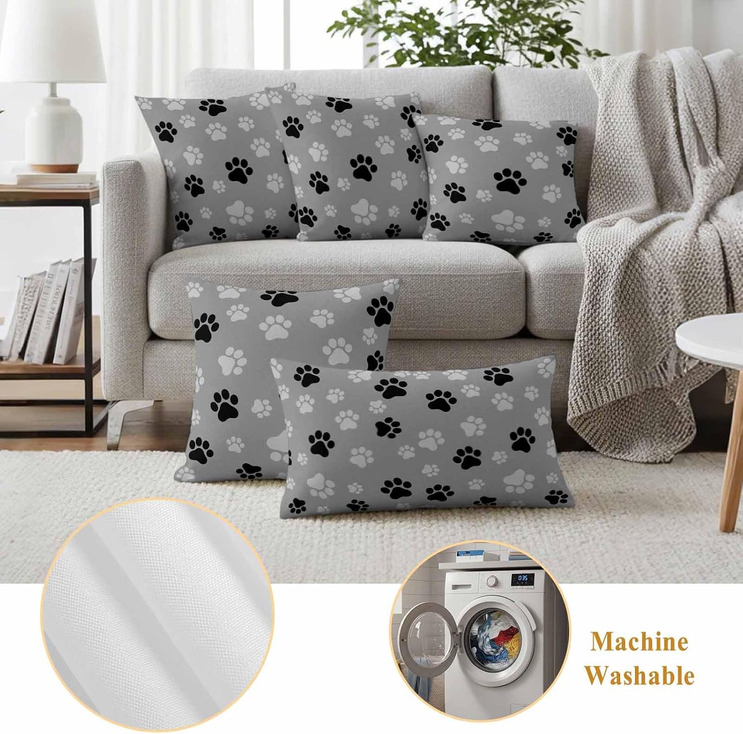 Outdoor Throw Pillow Cover Dog Paw Print Black Gray Waterproof Cushion Covers 2 Pack Animal Footprint Pattern Pillow Cases Home Decoration for Patio Garden Couch Sofa
