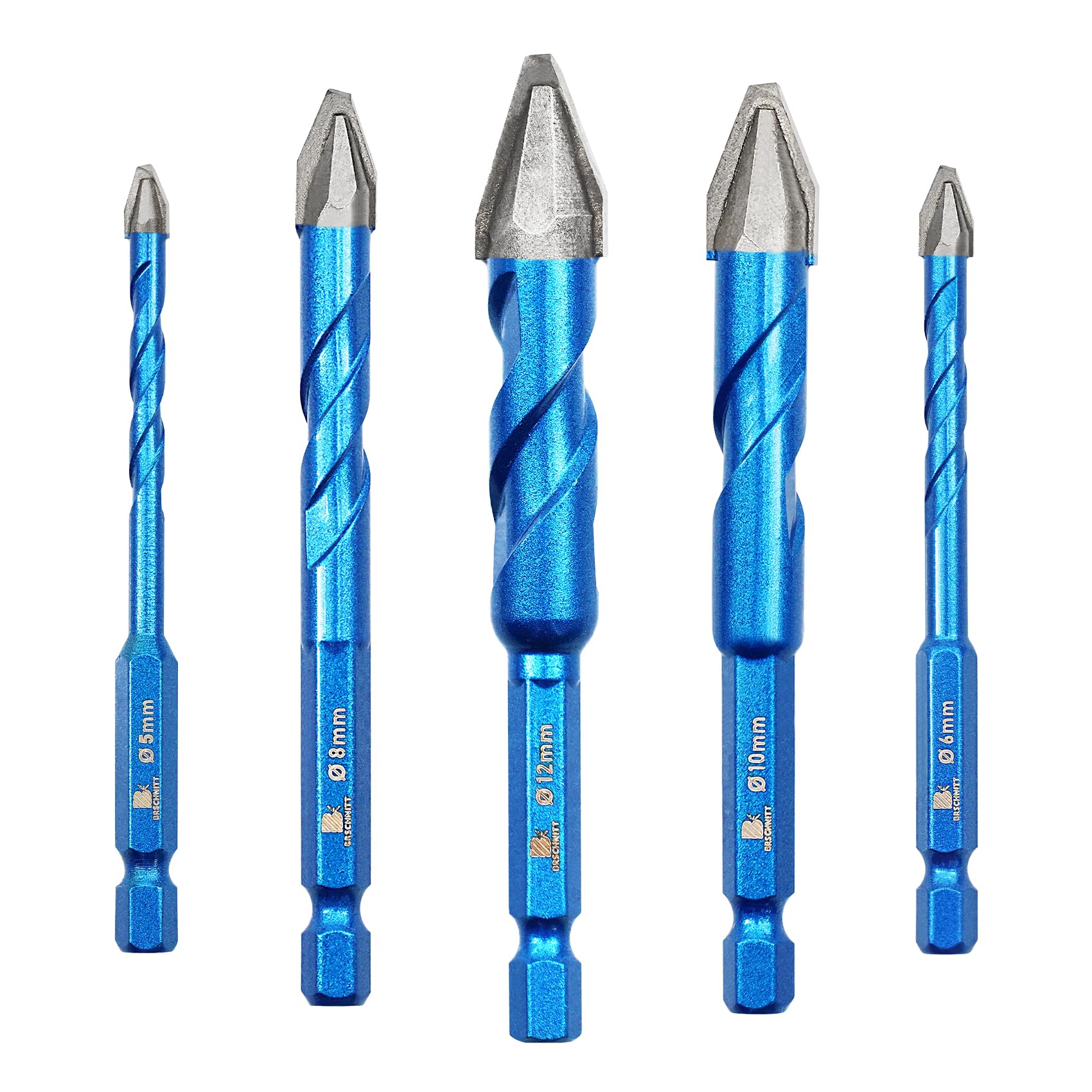 BRSCHNITT Head Eccentric Drill Bit 3/16",1/4",5/16",3/8",1/2"- 5pcs Carbide Tipped Drill bit Masonry Drill Bit Sets for Porcelain Ceramic Tiles Glass Hard Plastic Cement/Granite etc