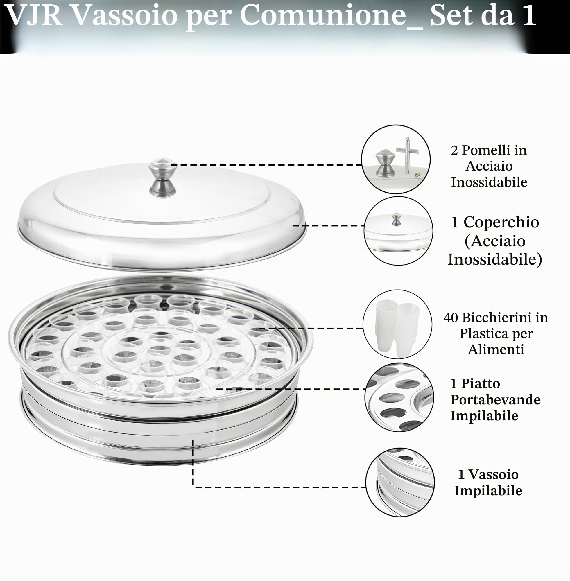 VJR Vassoio per la SantaComunione Cristiana con coperchio - Acciaio inossidabile | Forniture per la Comunione in Chiesa | Set di vassoi per servire, Confezione da 1 Argento