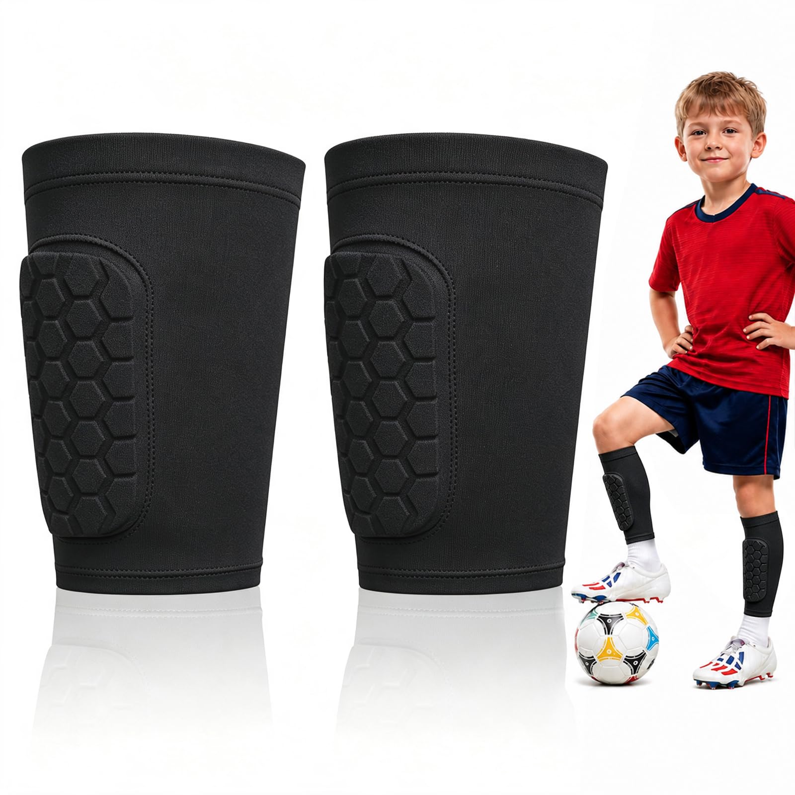 AYBUY Parastinchi da Calcio, 1 Paia Parastinchi Calcio Calzini Maniche con cuscinetti a nido d'ape, Elastico Paratibie per sci, calcio, ciclismo, arrampicata
