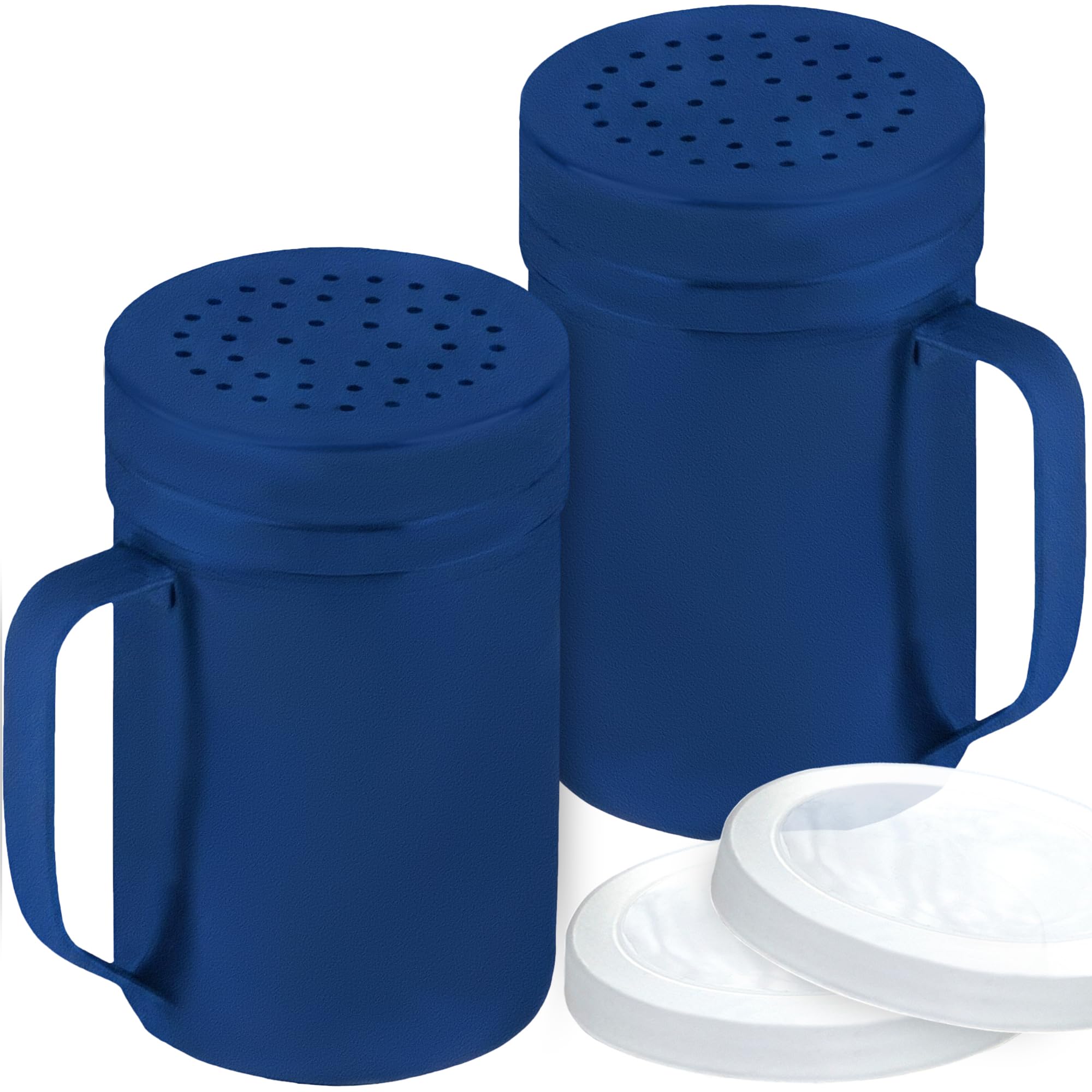 CUSINIUM 14oz Navy Blue Stainless Steel Salt Pepper Dredge Shakers - With Plastic Cap - With Handle - Pack of 2