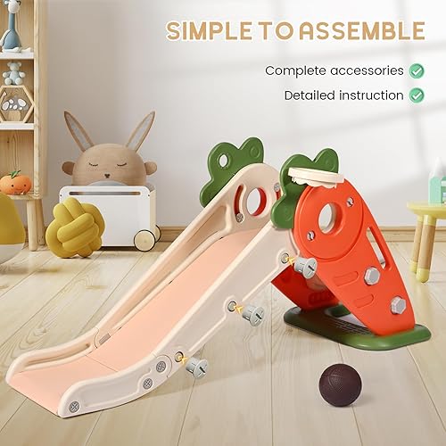 Miniatura 2 de YMYMGGI Tobogán para niños pequeños, parque de juegos para interiores y exteriores, 3 en 1, lindo juego de zanahoria independiente, juego de
