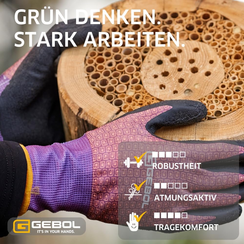 Gebol Flower Lila | Size XS (Gr 6) | Women's Gardening Gloves In Trendy Purple Colours | Work Gloves With Floral Design | Soft Latex Coating For Good Grip | For