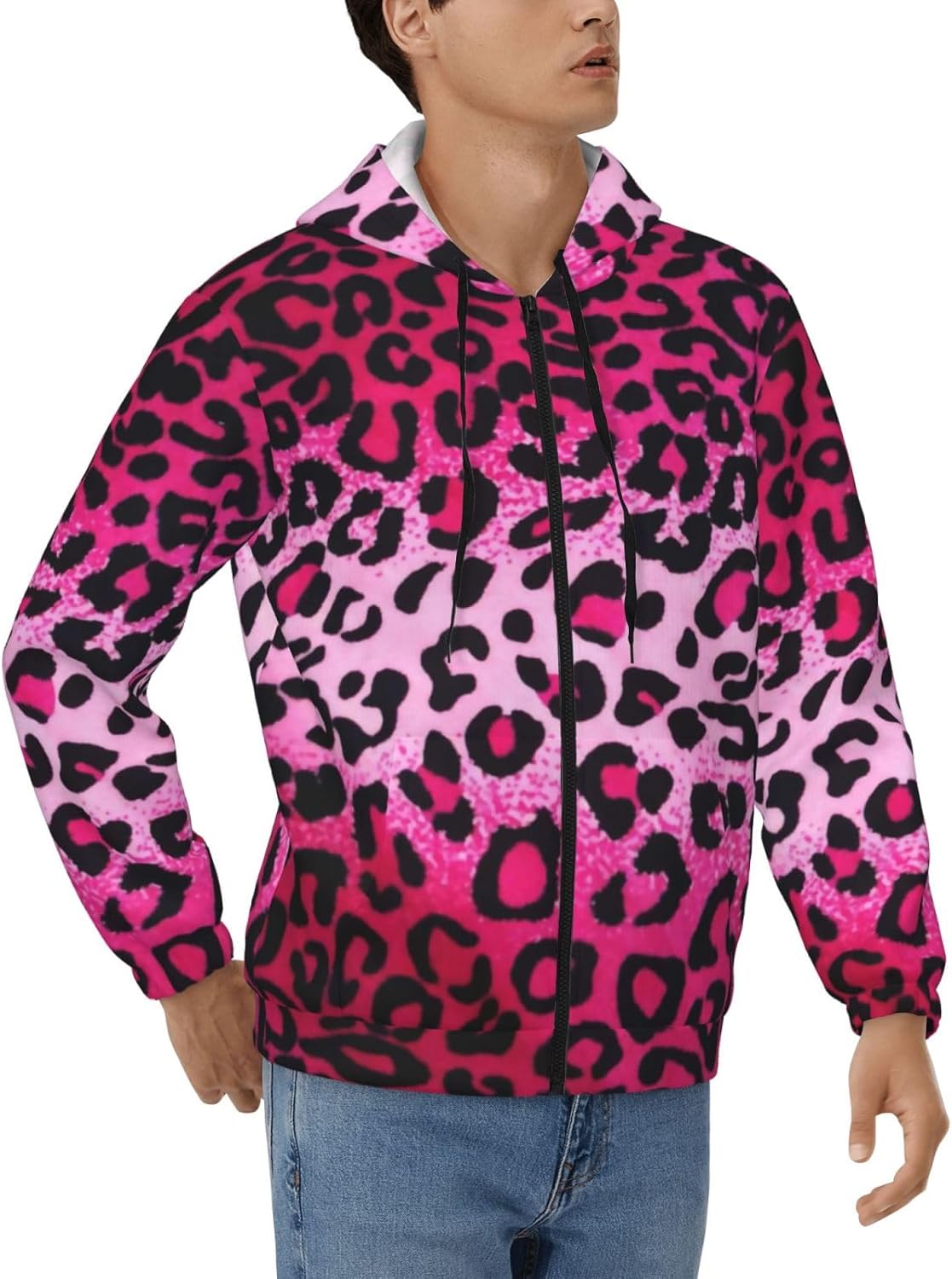 パーカー メンズ 長袖 ピンクのヒョウ柄 レトロ 秋服 冬服 厚手 ジップ トレーナーカジュアル トップス フード付き スウェット