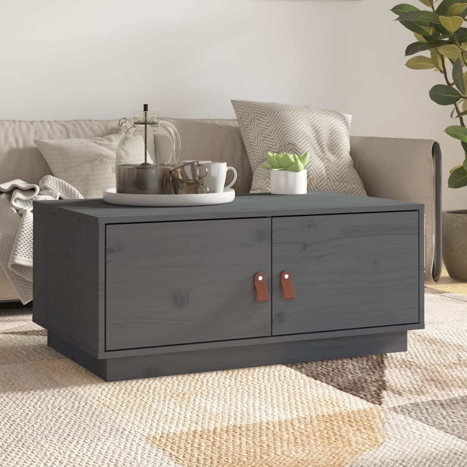 Table de salon gris Homgoday en bois massif de pin pour remplacer les meubles bas fragiles