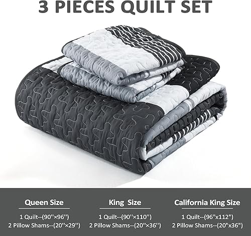 Miniatura 6 de Dinjoy Juego de edredón bohemio negro y blanco, tamaño Queen, colcha a rayas gris oscuro, juego de ropa de cama de 3 piezas para hombre, juego de