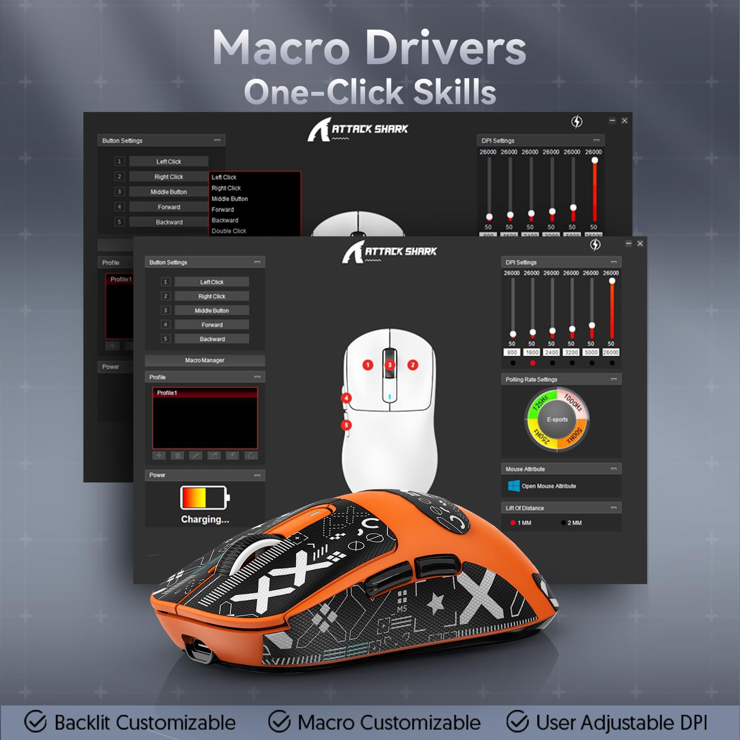 ATTACK SHARK X3 - Ratón superligero de 49 g con cinta, sensor de juegos PixArt PAW3395, BT/2.4G, mouse inalámbrico para juegos con cable, 6 DPI ajustables 26000, batería de 200 horas, ratones de — view 9