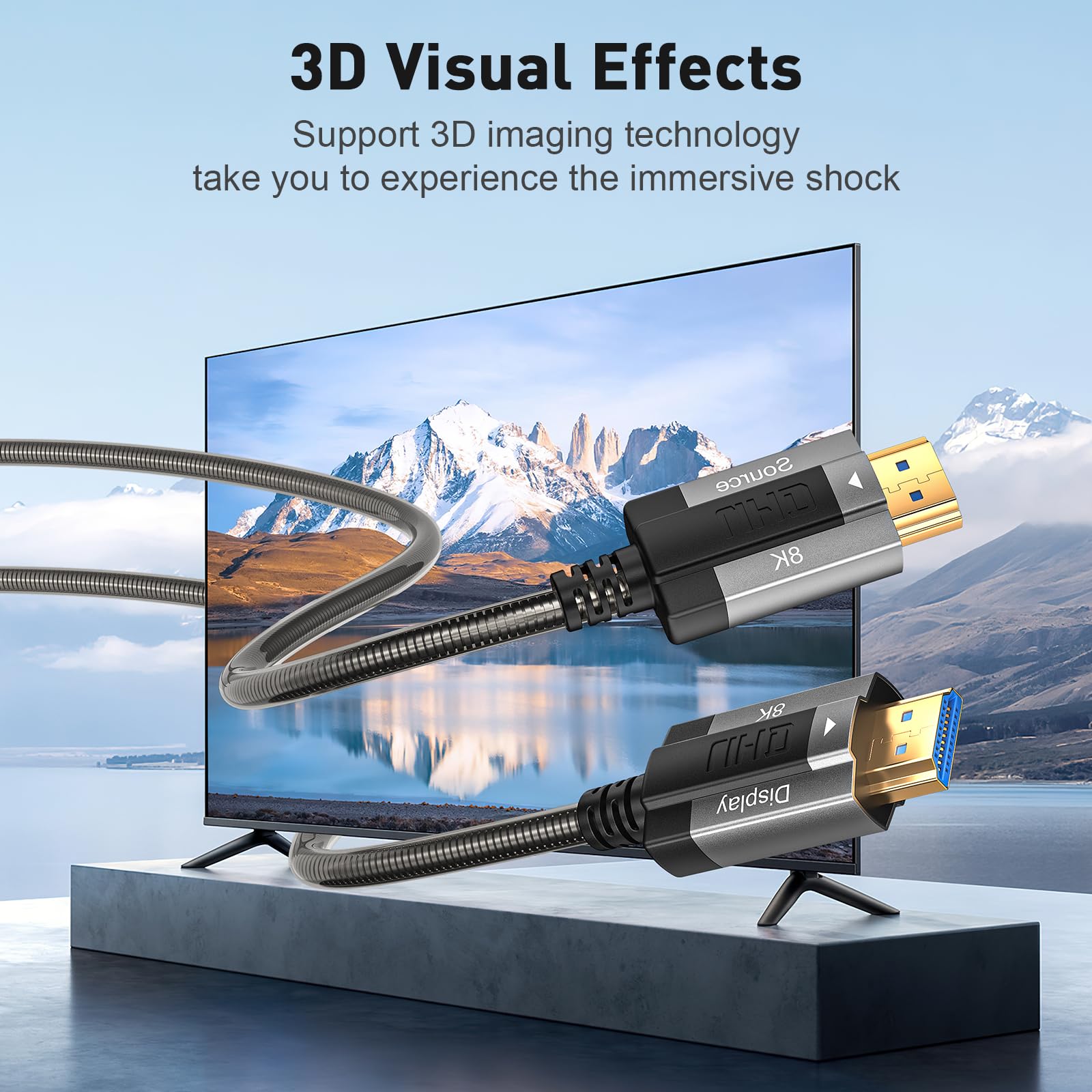 kabel światłowodowy 8K HDMI 15 m, w stalowym pancerzu, optyczny kabel HDMI 2.1, 48 Gb/s, ultra High Speed 8K@60 Hz, 4K@120 Hz Dynamic HDR, eARC, Dolby HDCP 2.2&2.3, do HDTV / projektora / kina