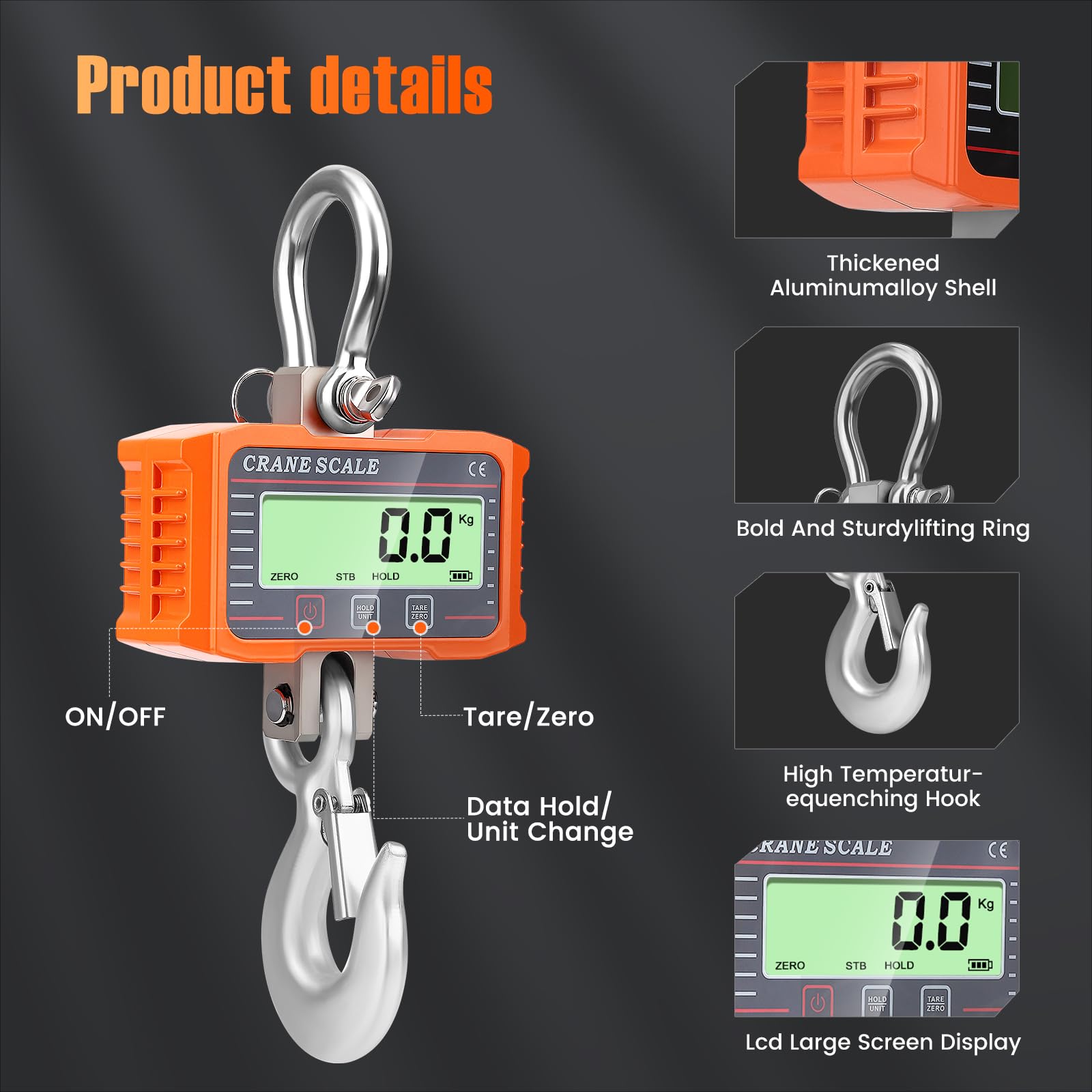 Bilancia Elettronica per Gru 2000 kg/4000 lb, Bilancia da gru digitale, Pesante Bilancia Industriale con sensore di precisione, ampio schermo LCD e telecomando per aziende agricole, edilizia (Orange)