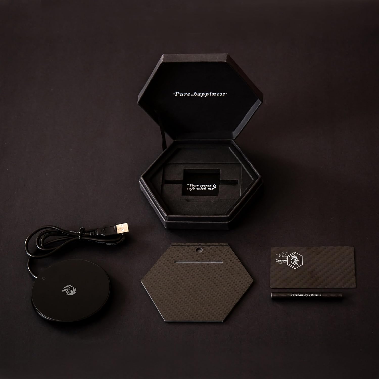 Carbon Fiber Mini Plate Set with Heated Base, Card and Mini Tube, 3K Twill Carbon Fiber Tray Kit, Compact Presentation Plate, White Print