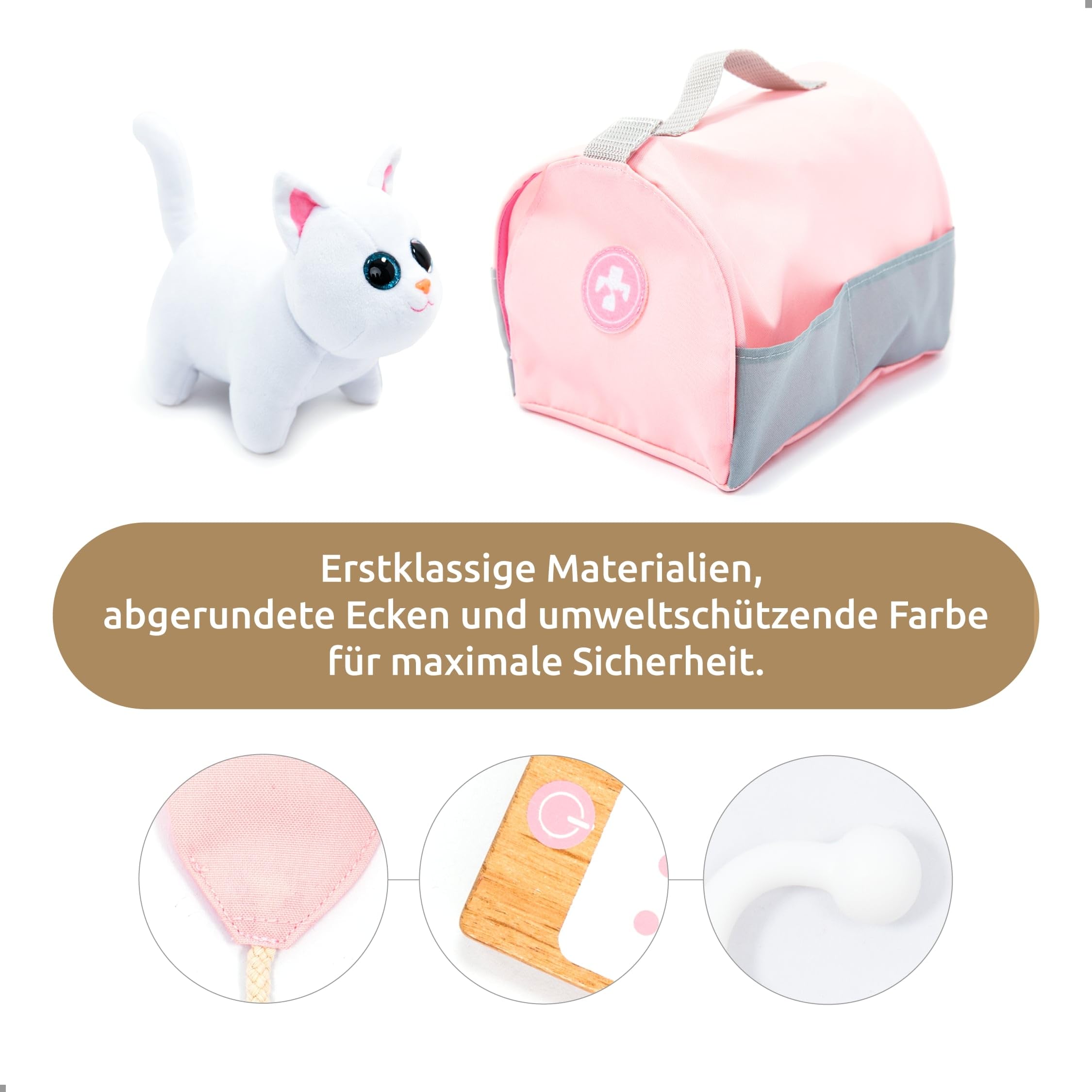UMU® Tierarzt Spielset für Kinder aus Holz mit Plüschkatze, Stethoskop, Blutdruckmessgerät u. v. m., Veterinär Spielzeug zum Rollenspiel, 37 STK Set für 3, 4, 5 Jahre alt Mädchen und Jungen