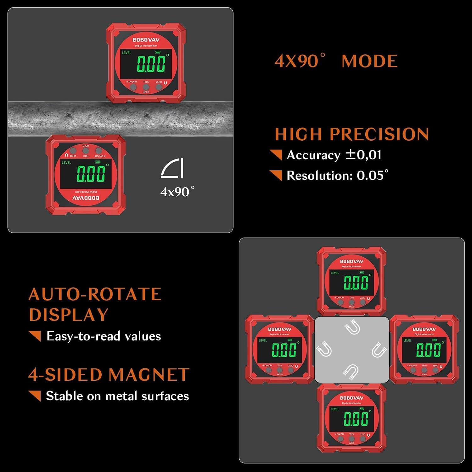 4-side Magnetic Digital Angle Gauge with Laser(Class 2, ＜1mW Output), 4 * 90° Rechargeable Electronic Inclinometer Protractor Level Gauge for Woodworking Tablesaw- Red image 3