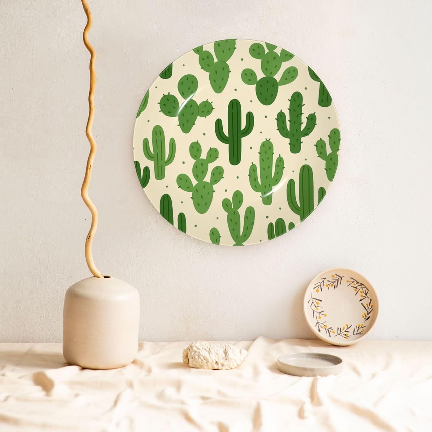 Cute Cactus 10 Inch Decorative Plate With Stand, Elegant Display Wall Plate For Home Decor