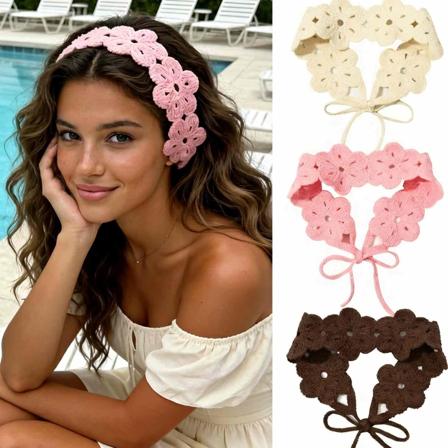 1Pc Solid Color Crochet Flower Headband, Boho Soft Polyester Hair Band, cute beach small Adjustable Bow Tie Fashion Hair Accessory, Casual Hair Wrap Ideal Gift for Women summer aesthetic (pink)
