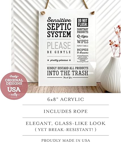 Miniatura 2 de Reilly Originals Letrero de baño de diseño con sistema séptico "Por favor sé gentil" de 6 x 8 pulgadas, listo para colgar, acabado premium, duradero