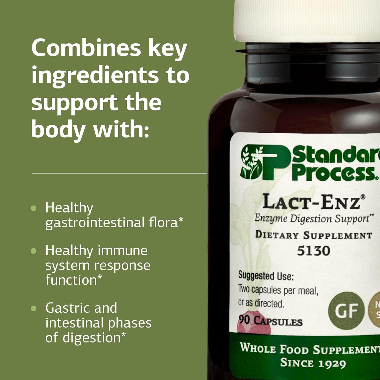 Standard Process Lact-ENZ - Enzyme Digestion Support - Probiotic Digestive Car & Immune System Support - Gluten-Free, Non-Dairy, & Non-Soy - 90 Capsules (45 Servings)