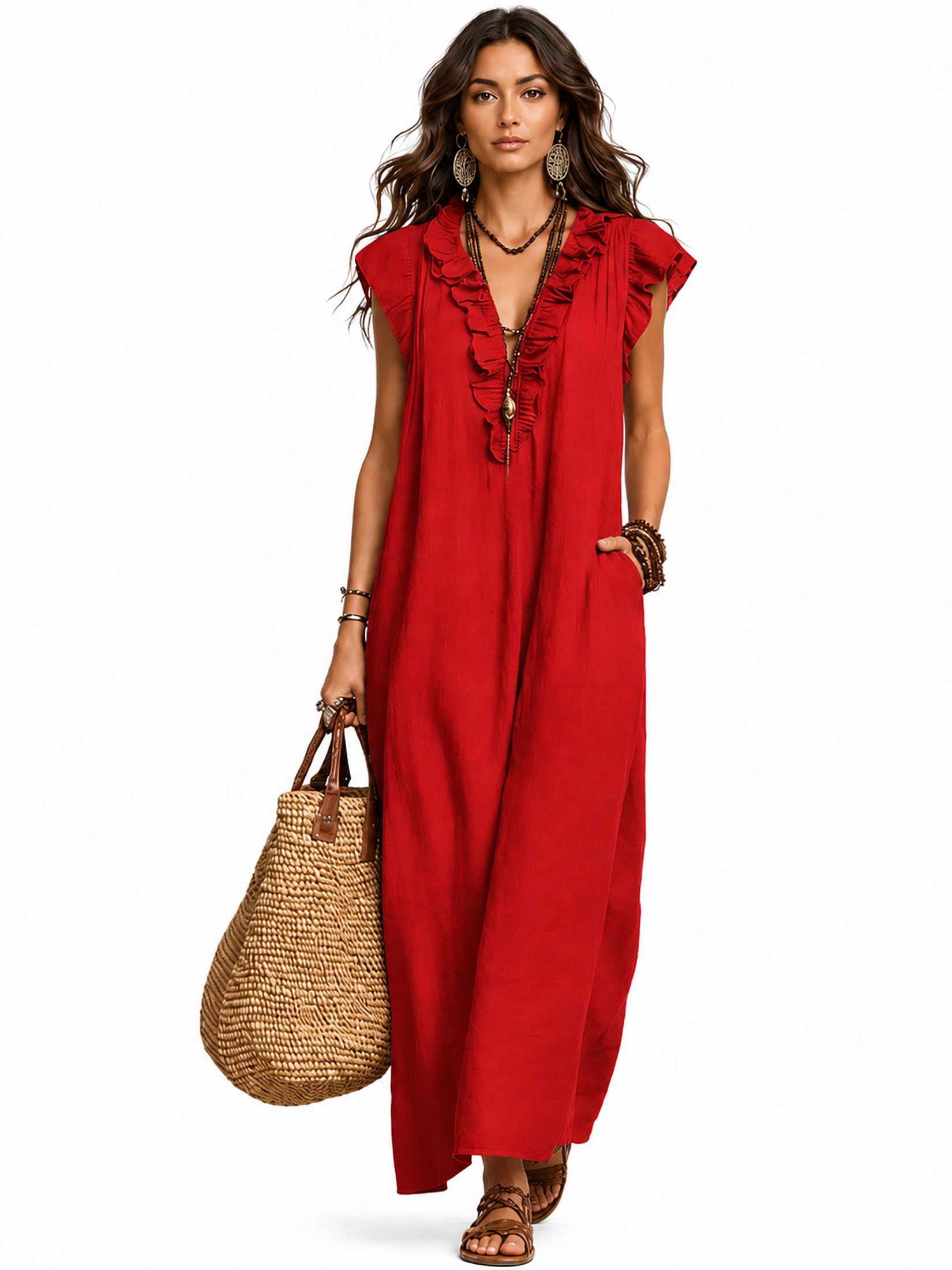 Boho Dresses for Women, Linen Look Maxi Dress V Neck Ruffle cap Sleeve Loose Long Dress with Pockets, Summer Beach Outfit