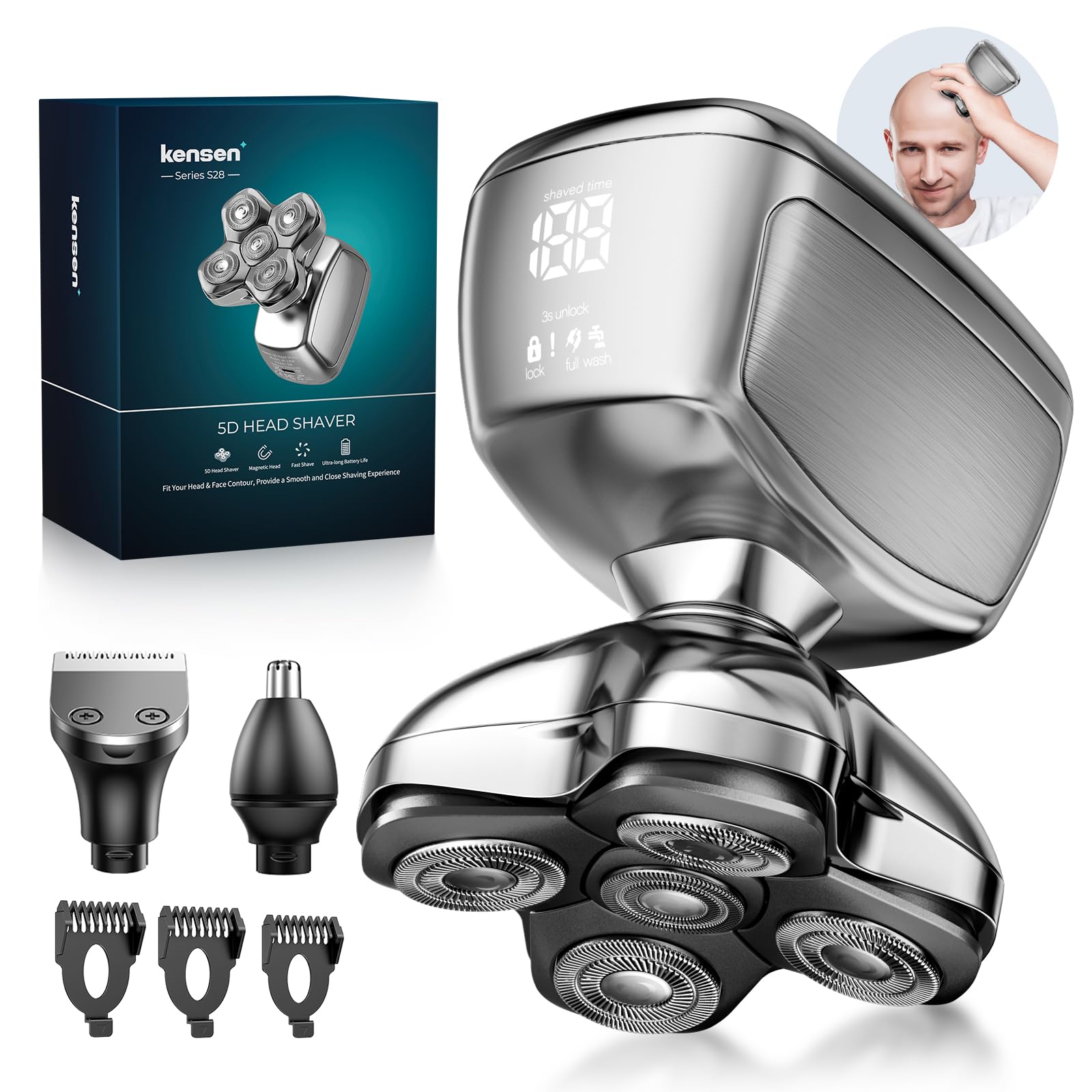 Kensen Afeitadora Cabeza Hombre 3 en 1, IPX6 Impermeable Maquina Afeitar Cabeza para Calvo con Cabezales Magnéticos 5D, Cortapelos y Nariz, Afeitado en Seco y Húmedo, Carga USB-C